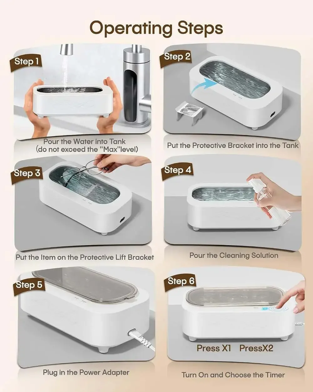 Ultrasonic Jewelry Cleaner 48Khz Stainless Steel 350Ml Deep Clean for Rings
